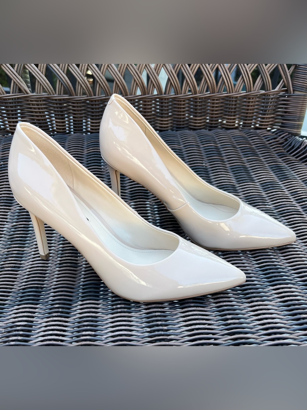 Nine West Glossy Pointed-Toe Pumps in Beige Patent